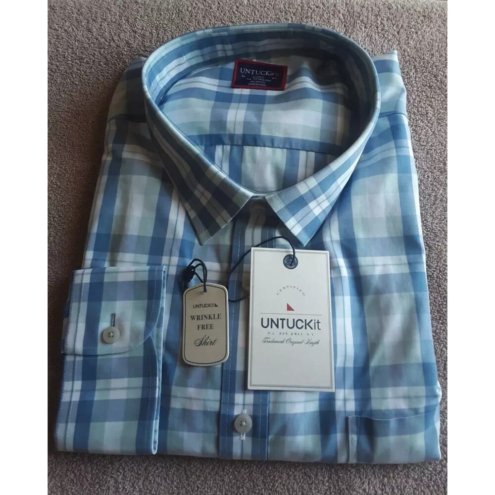 UNTUCKit Turley WF Shirt Men’s XXLT Tall Wrinkle Free Casual Blue White Plaid